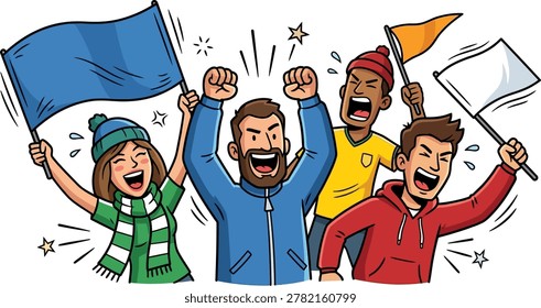 A diverse group of animated fans joyfully cheering and waving flags, celebrating a victory or event. Captures the spirit of sports and community.