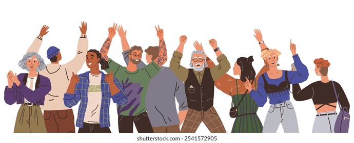 Um grupo diverso de animados ergue as mãos em comemoração. Destacando unidade e comunidade. Ideal para eventos de inclusão de diversidade e celebração comunitária de reuniões sociais e trabalho em equipe