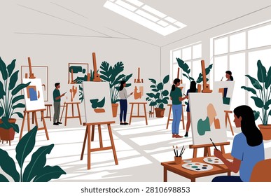 Diverse group of aspiring artists practices painting on canvases in a bright studio filled with large lush tropical houseplants and easels.