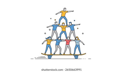 Diverse group of athletes form a human pyramid on a stage demonstrating balance and teamwork