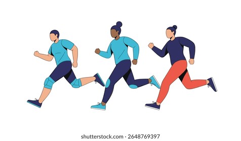 Grupo diversificado de indivíduos atléticos ativamente envolvidos em uma corrida de corrida ao ar livre competitivo demonstrando sua determinação e resistência