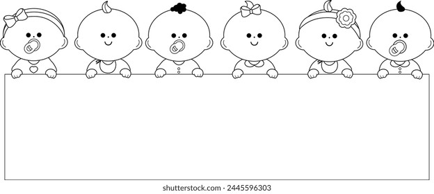 Grupo diverso de bebés y Anuncio en blanco. Lindas niñas y niños que sostienen un cartel en blanco. Vector blanco y negro para colorear página.