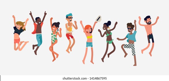 Diverse group of beach themed characters. Cheerful multinational and multiracial barefoot people celebrating summer season wearing swimsuits, shorts, cropped tops, etc.