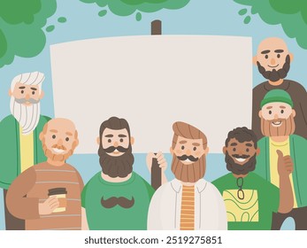 Grupo diversificado de homens barbudos com diferentes penteados e pelos faciais, de pé ao ar livre e segurando um sinal em branco. Ilustração plana.