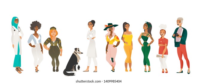 Diverse group of beautiful women - cartoon characters with different outfits, bodies, sizes and ethnicities standing together, female diversity - flat vector illustration isolated on white background