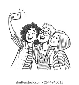 Diverse group of best friends taking a selfie, laughing and joyful moment – Vector Illustration