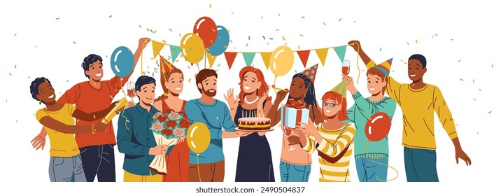 Diverse group birthday party in color flat cartoon style. Friends enjoying celebration with bright and festive set on white background