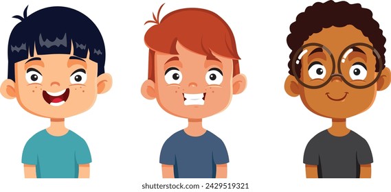 
Diverse Group of Boys Having Cheerful Expression Vector Characters. Cheerful classmates smiling happily having fun
