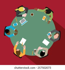 Diverse Group Of Business Men And Women Having Discussion At Round Conference Table EPS 10 Vector Royalty Free Illustration For Ads, Poster, Flier, Signage, Promotion, Blog, Marketing