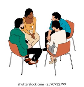 Diverse group of business people in casual clothes sitting in office chairs, taking part in meeting, brainstorming, teambuilding. Colored outline hand drawn illustration isolated on white background