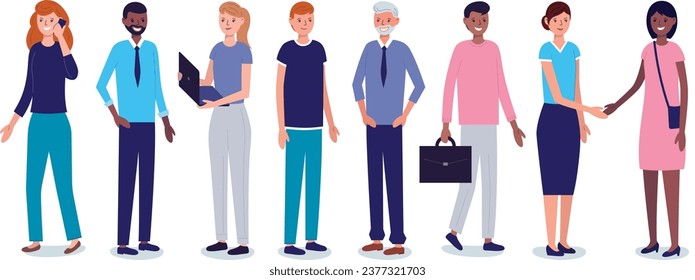 Diverse group of business people and company employees. Set of multiethnic men and women of different ages and races in office and casual attire. Vector illustration in flat style, isolated background