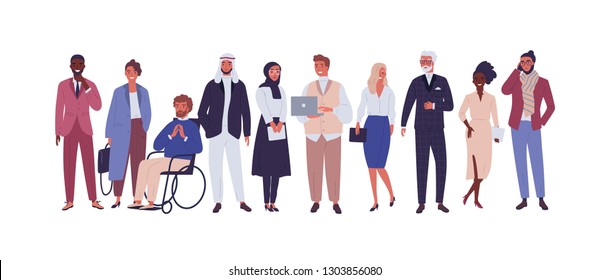Diverse group of business people, entrepreneurs or office workers isolated on white background. Multinational company. Old and young men and women standing together. Flat cartoon vector illustration.