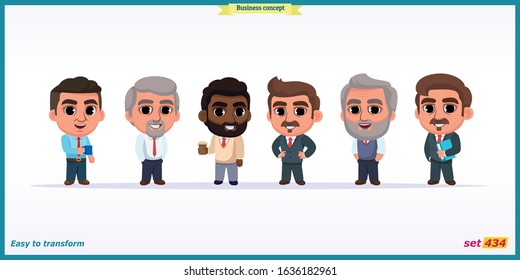 Diverse group of business people, entrepreneurs or office workers isolated on white background. Multinational company. Old and young men standing frontal together. Flat cartoon vector illustration.