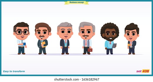 Diverse Group Of Business People, Entrepreneurs Or Office Workers Isolated On White Background. Multinational Company. Old And Young Men Standing Frontal Together. Flat Cartoon Vector Illustration.