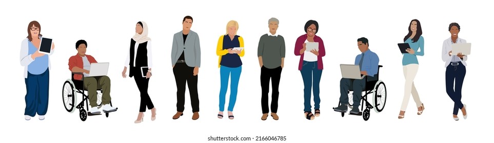 The diverse group of business people, entrepreneurs, or office workers isolated on white background. Multinational and multiracial business team.  Flat cartoon vector art illustration.