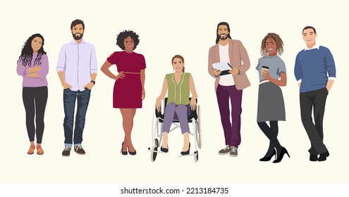 The diverse group of business people, entrepreneurs, or office workers isolated on white background. Multinational and multiracial business team. Flat cartoon vector realistic illustration.