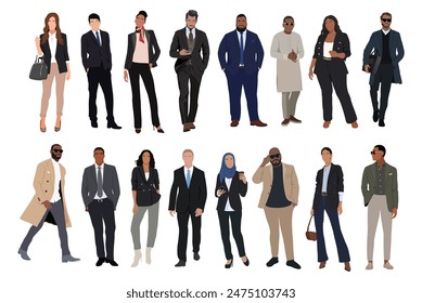 Diverse group of business people, entrepreneurs, office workers in formal outfits. Multinational company. Business men and women standing together. Flat cartoon vector illustrations isolated.