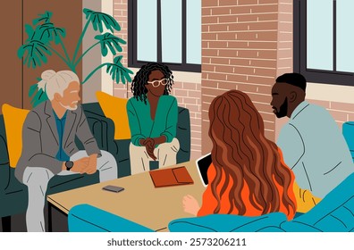 Diverse group of business people, men and women in smart casual clothes having meeting in comfortable loft style office. Colorful Flat vector illustration