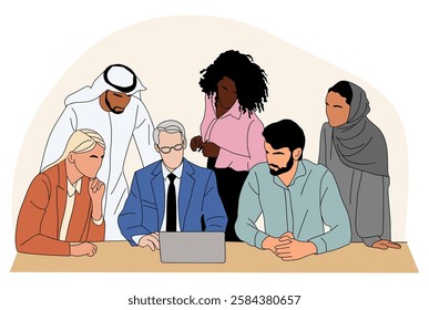 Diverse group of business people sitting around a table with laptop open. They are all looking at the screen and working together. Scene is collaborative and focused. Flat vector illustration