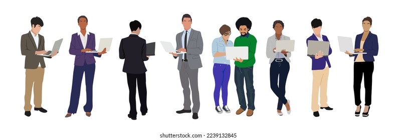 Diversos grupos de gente de negocios parados con laptop. Colección de hombres y mujeres de diferentes razas y edades en la oficina, ropa informal y formal inteligente que trabajan en la computadora. Ilustraciones vectoriales aisladas