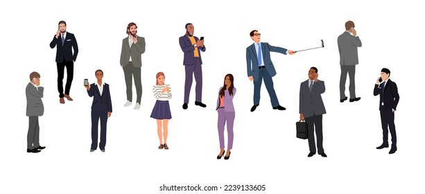 Diverse group of business people standing with phone. Collection of men and women different races and ages in office smart casual and formal outfits using smartphone. Vector illustrations isolated