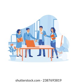A diverse group of business people use laptops during meetings in the office. Work together on a new project. Business people in office workplace concept. trend modern vector flat illustration - Powered by Shutterstock - Get 15% off with code: PIKWIZARD15