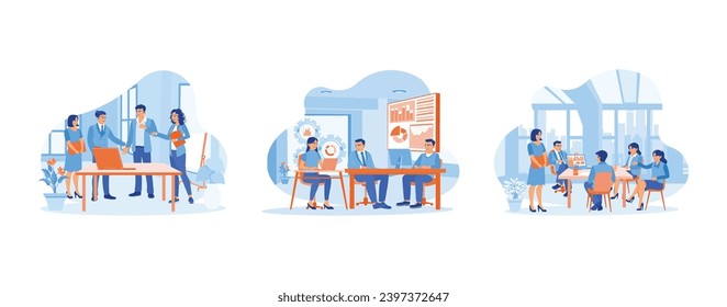 A diverse group of business people working using laptops. Businesswoman leading meeting with business colleagues in office. Work together and discuss with each other during discussions. 