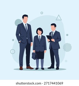 Eine vielfältige Gruppe von Business-Profis, darunter zwei Männer und eine Frau, stehen selbstbewusst in dunklen Anzügen und strahlen Professionalität und Teamwork aus.