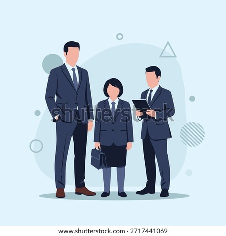 A diverse group of business professionals, including two men and one woman, stand confidently in dark suits, exuding professionalism and teamwork.