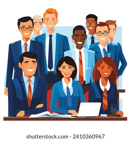 A diverse group of business professionals are posing together in corporate attire in a illustration.