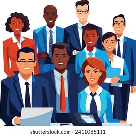 A diverse group of business professionals are posing together in corporate attire in a illustration.