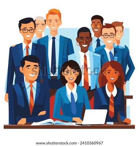 A diverse group of business professionals are posing together in corporate attire in a illustration.