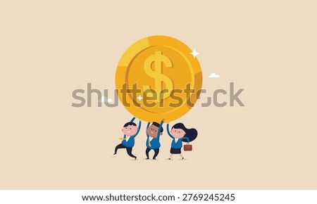 A diverse group of business professionals working together to lift a large golden coin symbolizing prosperity and economic growth