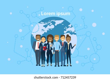 Diverse Group Of Businesspeople Over World Map Globe International Business People Team Concept Flat Vector Illustration