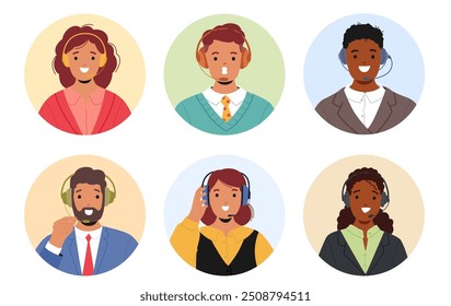 Grupo Diverso De Funcionários De Call Center Usando Fones De Ouvido, Ícones Circulares Ou Avatares. Personagens Que Mostram O Suporte Ao Cliente Representando Várias Funções Em Um Ambiente Profissional De Atendimento Ao Cliente