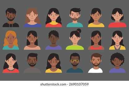 Verschiedene Gruppe von Cartoon-Avataren, die Menschen verschiedener Ethnien und Geschlechter in einem Raster darstellen