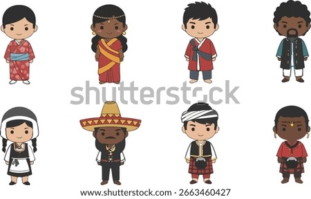 Diverse group of cartoon characters representing various cultures and traditional clothing from around the world, isolated on a white background. Global unity and cultural diversity concept.