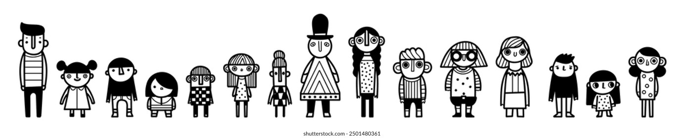 Diverse group of cartoon characters standing in a row, different styles and genders and ages, variety of outfits and expressions, vector illustration.