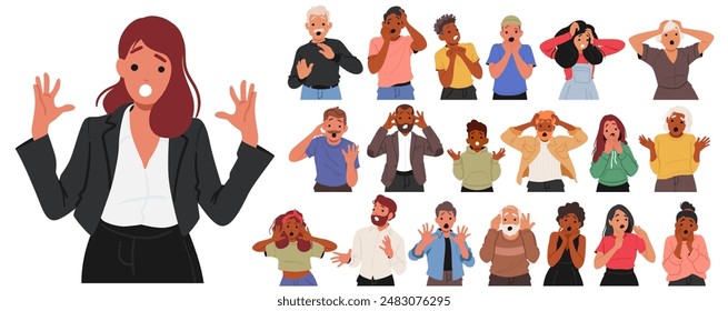 Diverse Group Of Cartoon People Characters Displaying Expressions Of Shock And Fear, Surprise, Stress, And Anxiety. Concept Of Human Emotions, Reactions, And Dramatic Scenarios. Vector Illustration