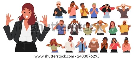 Diverse Group Of Cartoon People Characters Displaying Expressions Of Shock And Fear, Surprise, Stress, And Anxiety. Concept Of Human Emotions, Reactions, And Dramatic Scenarios. Vector Illustration