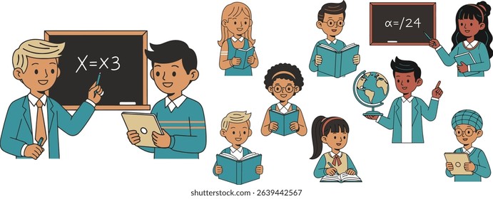Diverse group of cartoon students and teachers in various learning activities. Education, teaching, studying, and technology concepts illustrated. 