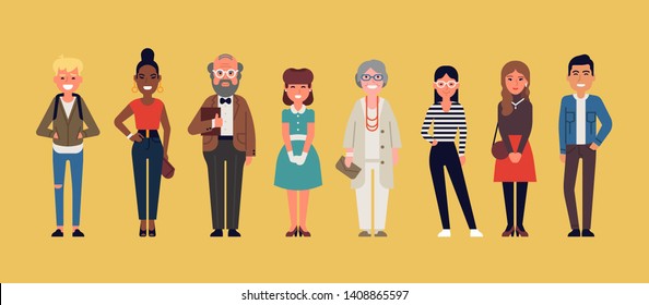 Diverse group of casual dressed multiracial and multiethnic people. Flat vector characters on different social group members lineup. Men and women of different age standing together, isolated