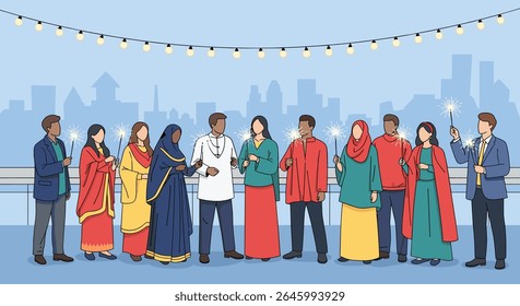Grupo Diverso Celebrando Juntos à Noite Luz Contra Horizonte