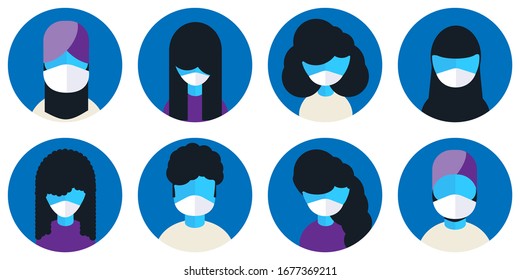 Diverse Group Character Icon Set Wearing Medical Masks, Multicultural COVID19 Corona Virus Concept