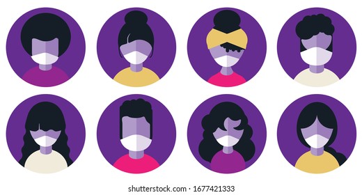 Diverse Group Character Icon Set Wearing Medical Masks, Multicultural COVID19 Corona Virus Concept