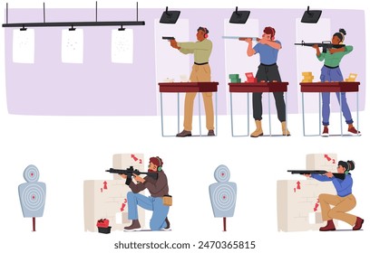 Diverse Group Of Characters Engaged In Target Practice At A Shooting Range. Men And Women Of Various Ethnics Focusing On Their Shooting Skills, Demonstrating Proper Safety Techniques And Precision