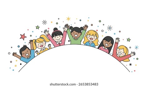 Diverse group of cheerful children celebrating with confetti and stars above them representing joy and success