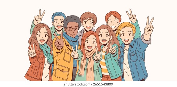 Diverse group of cheerful friends posing with peace signs. They stand together expressing joy and unity. The background is a plain light color, enhancing their playful mood.
