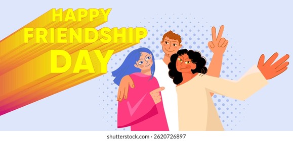 Diverse group of cheerful young friends celebrating Friendship Day in a vibrant modern design. The scene conveys themes of unity, inclusivity, human connection, social values ​​and relationship.Vector