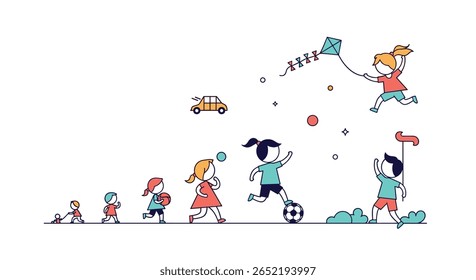 Diverse group of children actively engaged in various outdoor recreational pursuits on a bright sunny day